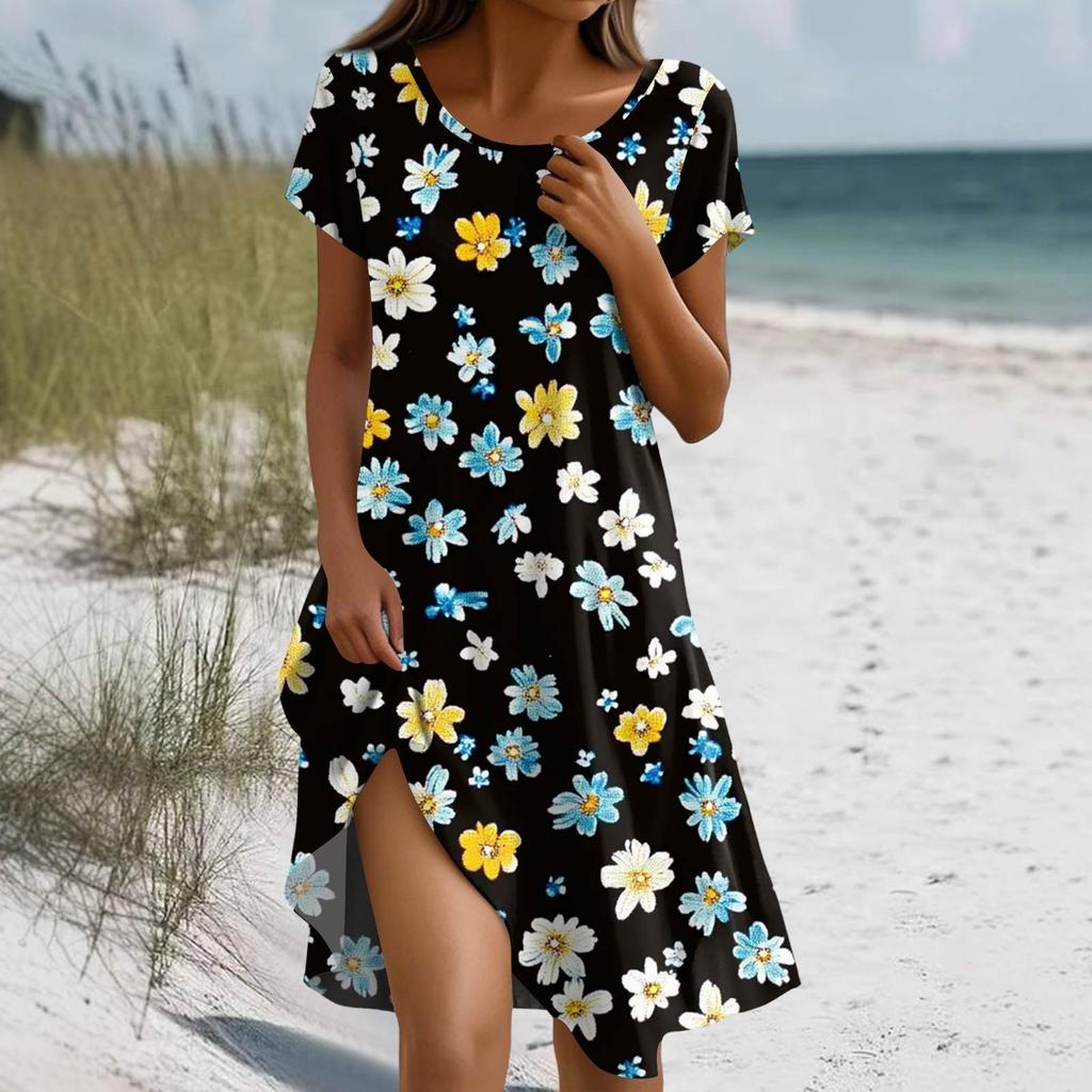 Damska letnia sukienka z krótkim rękawem, okrągłym dekoltem, kwiatowym nadrukiem, w stylu bohemy, z kieszeniami