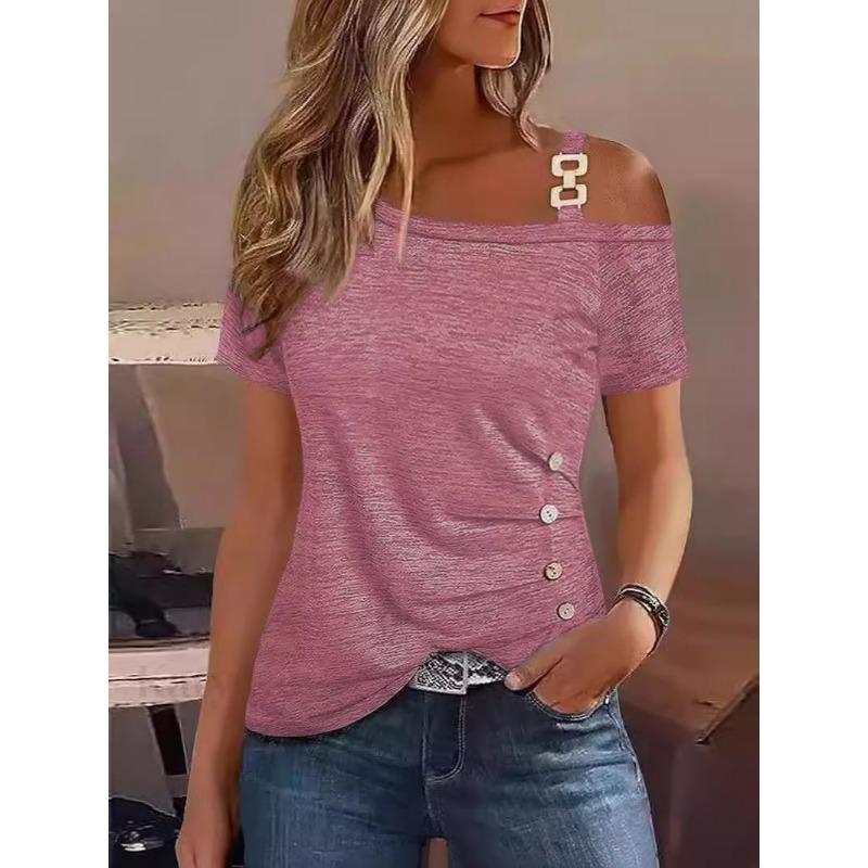 New Summer Women's Simple Short-sleeved Metal Button Pleated T-shirt Top