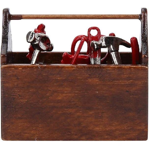 Doll House Toolbox,Eecoo Miniature Tool Box Wooden Toolbox Model for 1/12 Doll House Accessories with 8PCS Metal Tools Set