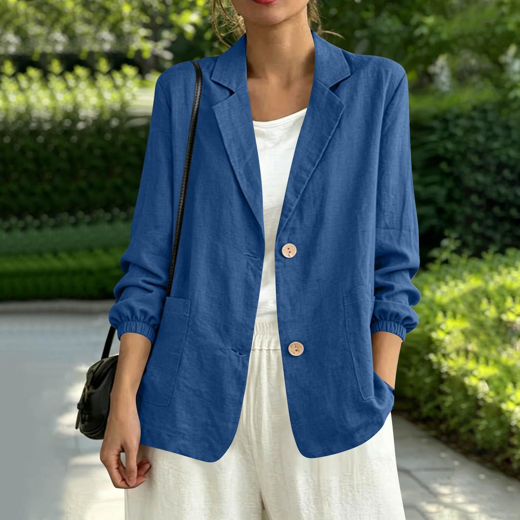 Women's Color Notched Lapel Long Sleeve with Button Closure and Pockets