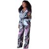European and American large size fashion long-sleeved V-neck printing new women's shirt casual trousers African foreign loose suit