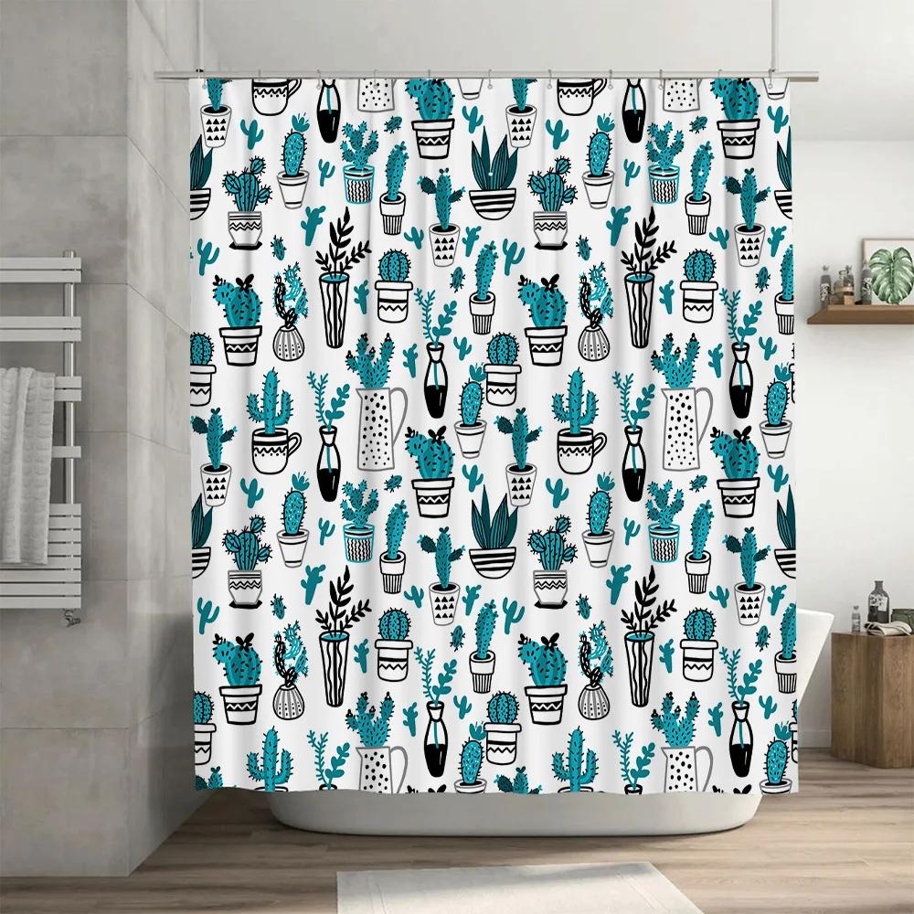 Blue Cactus Shower Curtain White Fabric Decoration for Bathroom Waterproof Rainproof Easy Installation Pattern Decorations