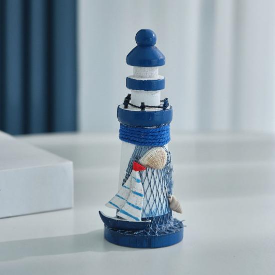 Wooden Lighthouse Figurine, Handmade Nautical Lighthouse Beach Decoration, White Blue Coastal Tabletop Decor for Home, Living Room