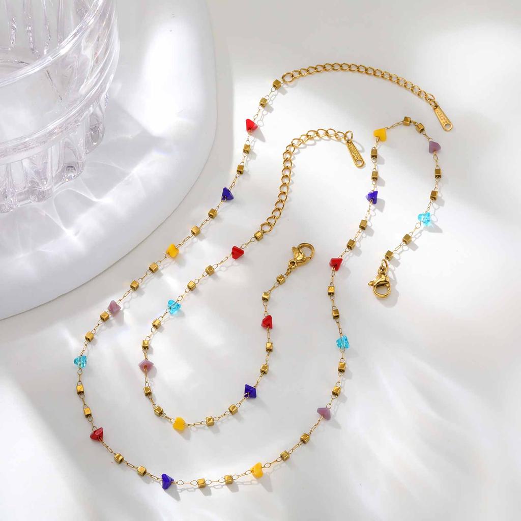 Exotic Irregular Colorful Stone Necklace for Women, Stainless Steel Gold Plated Boho Chain Choker, Aesthetic Jewelry Gift