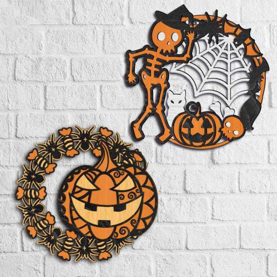 Halloween Door Sign Skeleton Ghost Cat Pumpkin Wooden Welcome Sign