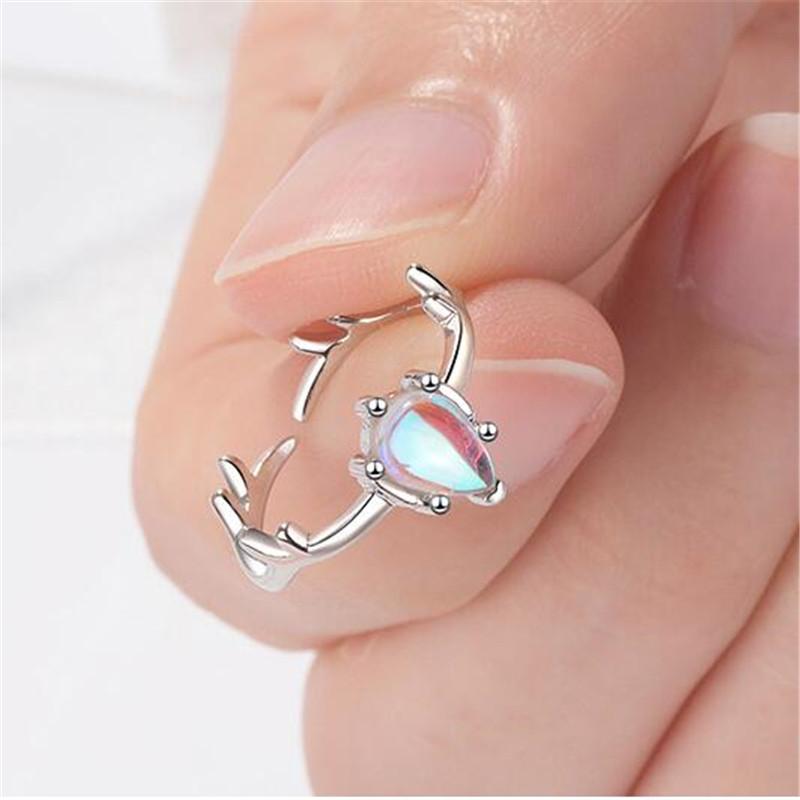 New Personality Beautiful Colorful Moonstone Deer 925 Sterling Silver Jewelry Elk Branch Antler Women Opening Rings R446