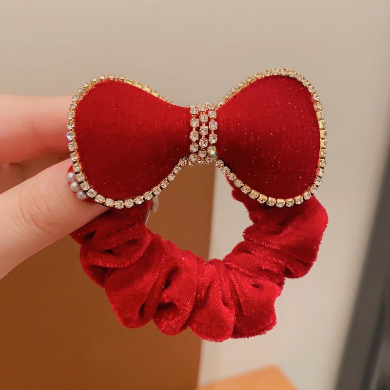 

Red Velvet Bow Elastic Hair Bands Rhinestone Crystal Flower Hair Ties Fashion Holder Rubber Hairband Girls Hair Accessories