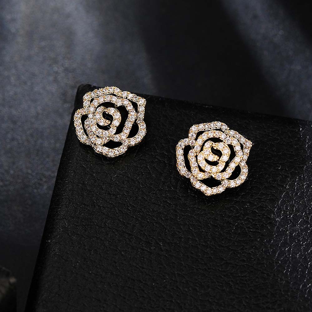 Wild Retro Women French Black Rhinestone Stud Earrings Zinc Zinc Alloy Camellia Earrings Fashion Jewelry