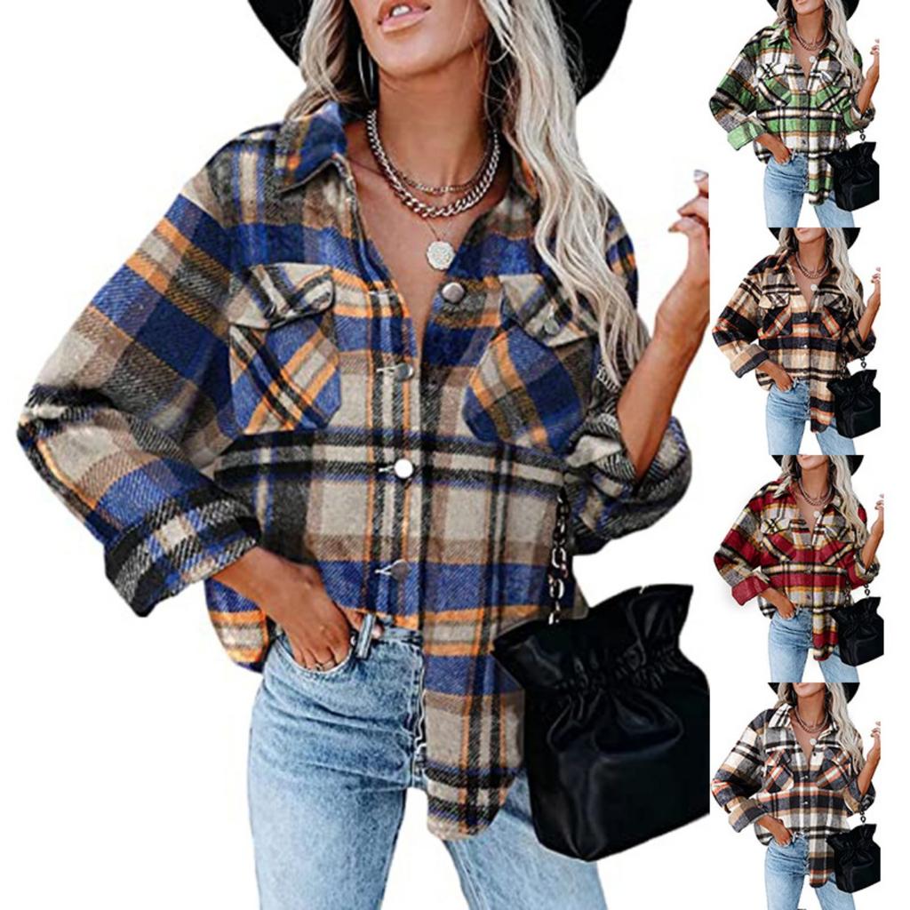 Women's Fall Winter Plaid Wool Blend Shirt Jacket, Long Sleeve Loose Button Down Coat With Pocket, European American Style Casual Outerwear
