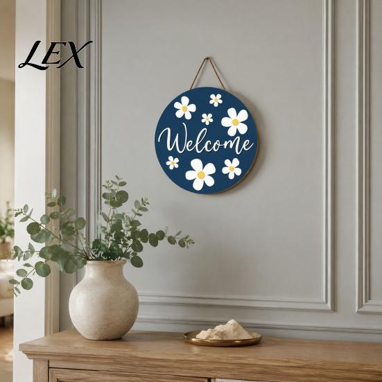 Hanging Sign with Hemp Rope Wooden Daisy Welcome for Front Door, Rustic Farmhouse Wall Decor Handmade House Rope, Wood Plaque Home Entrance