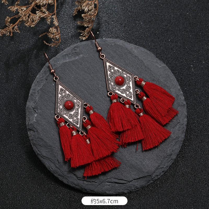 Vintage Bohemian Red Tassel Earrings Female Long Temperament Earrings Vacation Photography Bridal Earrings