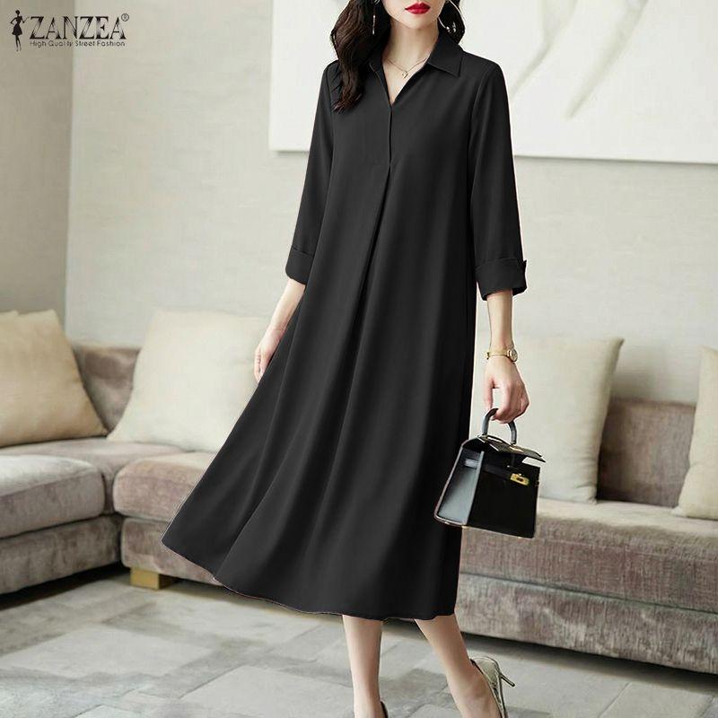 ZANZEA Vestido largo casual para mujer con cuello vuelto, holgado y de manga 3/4