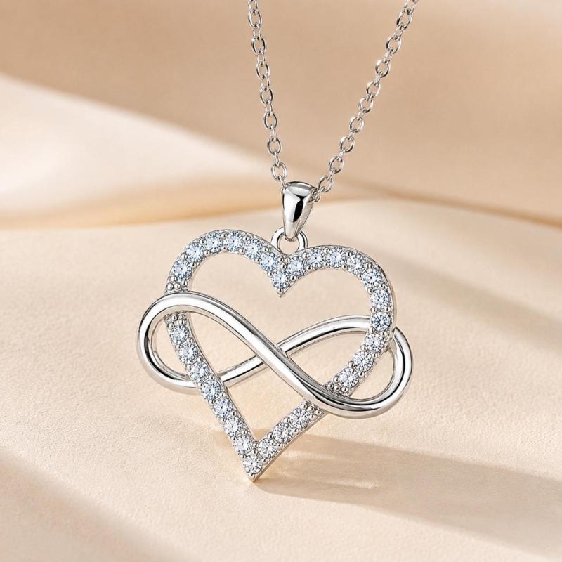 Zircon Heart Pendant Necklace with Smooth Figure-Eight Form, Polished Alloy Construction Neckchain, and Electroplated Finish