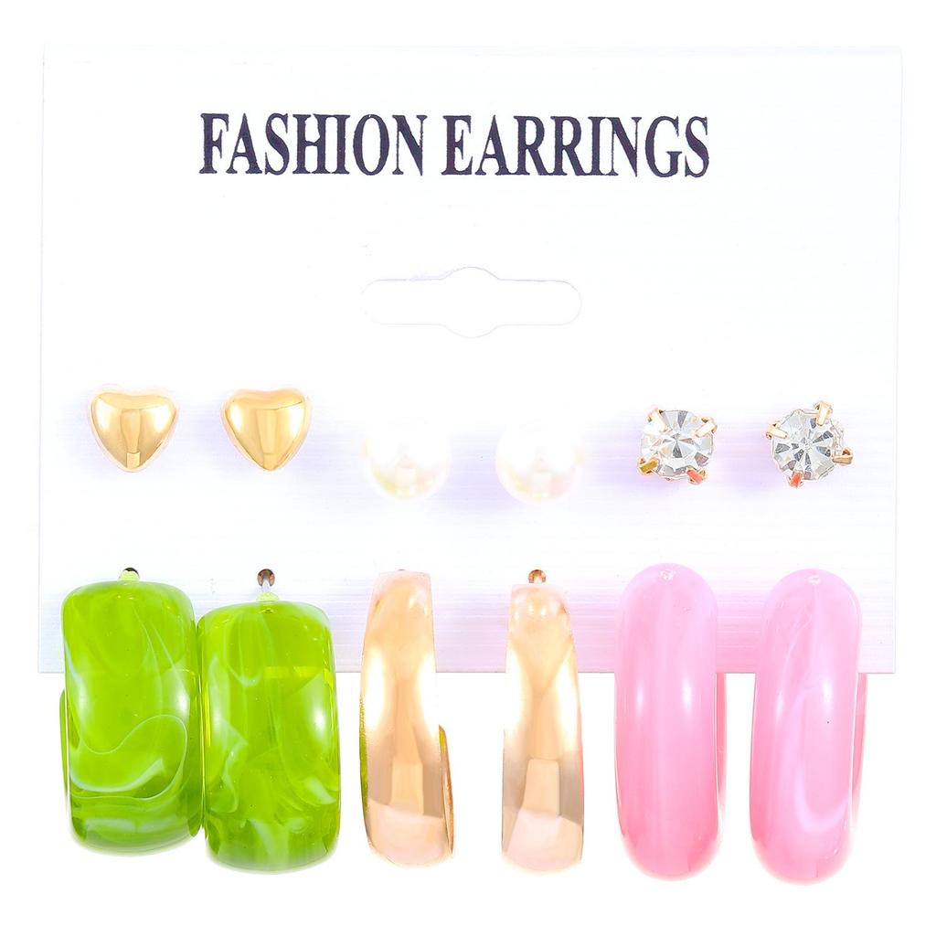 European & American Pattern Print Earrings: Colorful Resin Hoop & Stud Set - 6-Piece Pack