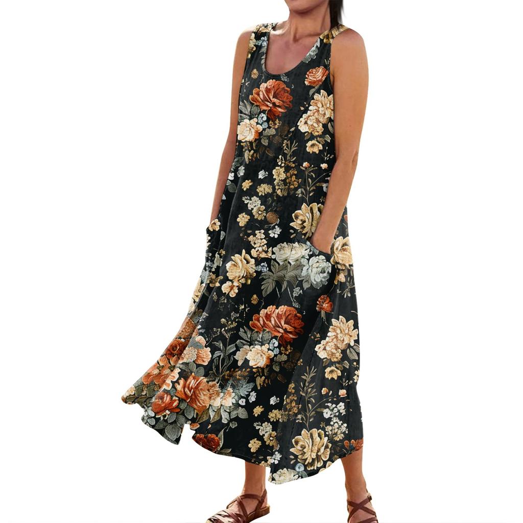 Lässiges, bequemes, ärmelloses Baumwolltaschenkleid mit Blumendruck für Damen