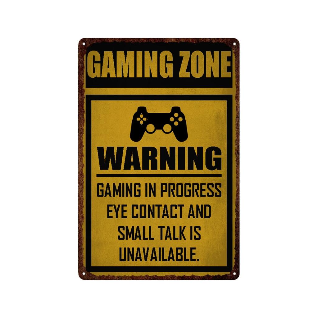 Vintage Game Zone Tin Sign  Gamer At Work Warning Metal Wall Decor for Home Club Game Room Man Cave
