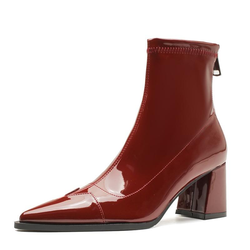 H768-8 Autumn and winter patent leather short boots women's rear zipper thin design Martin boots thick heel pointed low boots are not tired