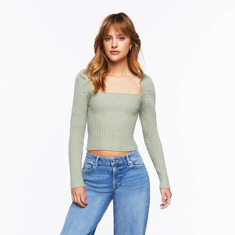 Vinter Slim-fit stickade tröjor Dam tröja bandage Fyrkantig krage tröjor Puffärm Snörning Sexig Crop Knitwear 29454