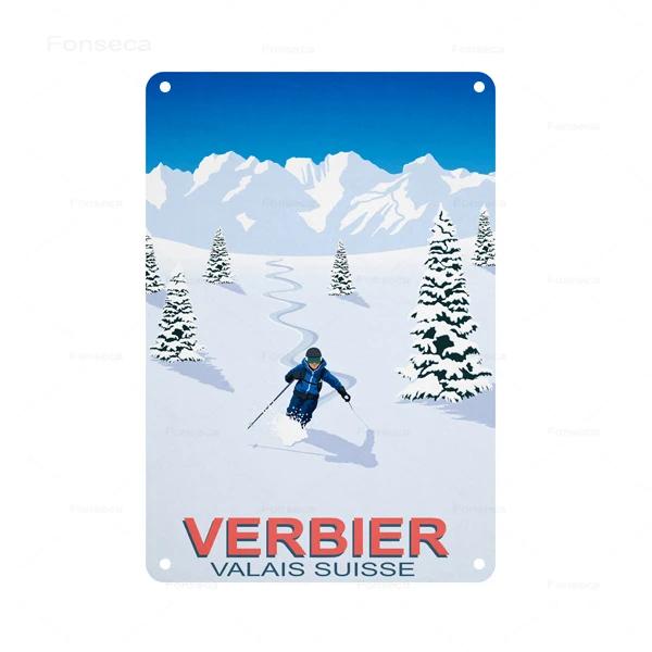 Retro Ski Resort Metal Sign St Anton Kitzbuhel Avoriaz Winter Landscape Home Bar Club Hotel Wall Decor Tin Plaque XCm