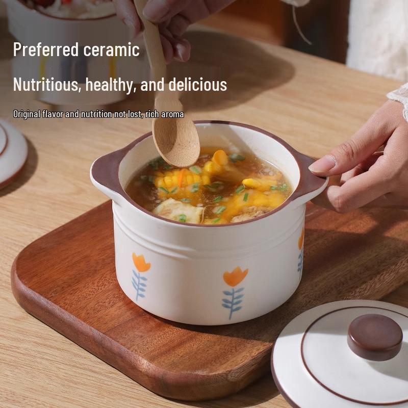 Double-Eared Insulated Ceramic Stewing Pot with Lid for Soups and Egg Custard