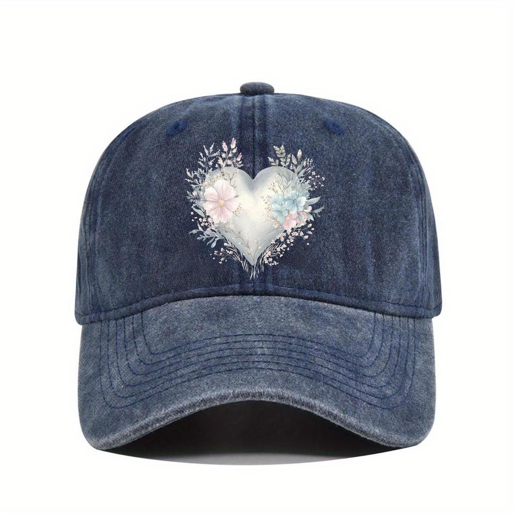 Floral Heart Print Washed Baseball Cap Cotton Casual Adjustable Sun Protection Hat for Unisex