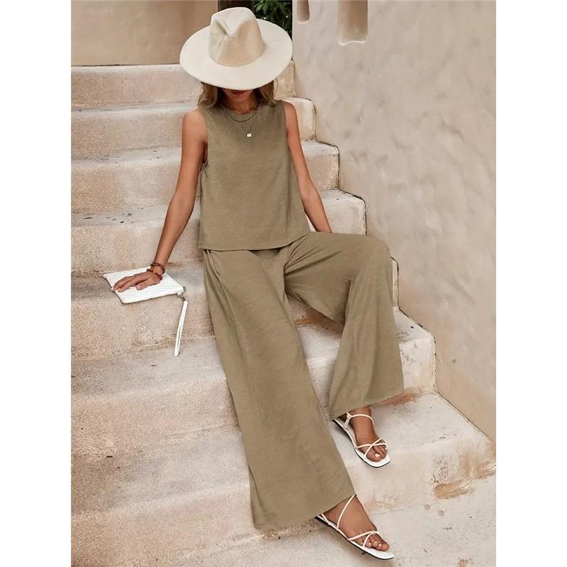  Women's Elegant Solid Color Matching Set Sleeveless Blouse And Wide Leg Pants