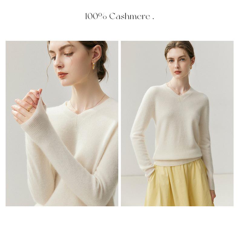 Women's 100% Cashmere V-Neck Knit Sweater - Warm, Loose, Long Sleeve Pullover for Autumn/Winter