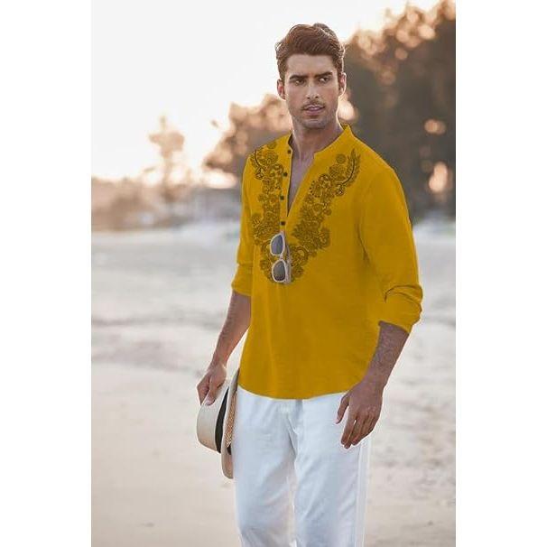 Kort herrkurta i bomullsblandning med långa ärmar och etnisk halsringning | Avslappnad kurta med skrynklig textur och mandarinkrage