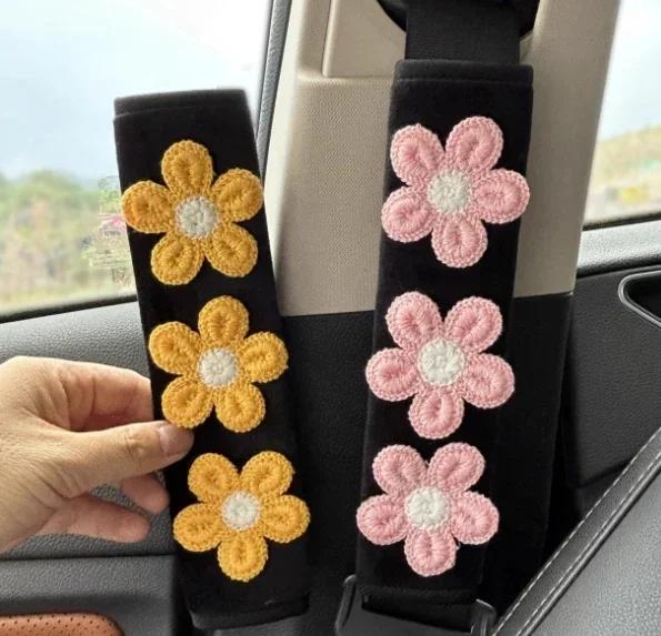 1pair Cute Embroidered Flowers Car Seatbelt Cover Seat Belt Harness Cushion Auto Shoulder Strap Protector Pad for Drivers