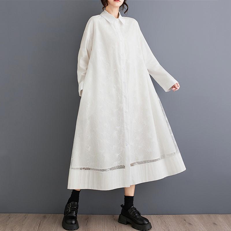 Long sleeve Plus size Cotton mesh vintage floral new in dresses for women casual loose spring autumn Shirt dress