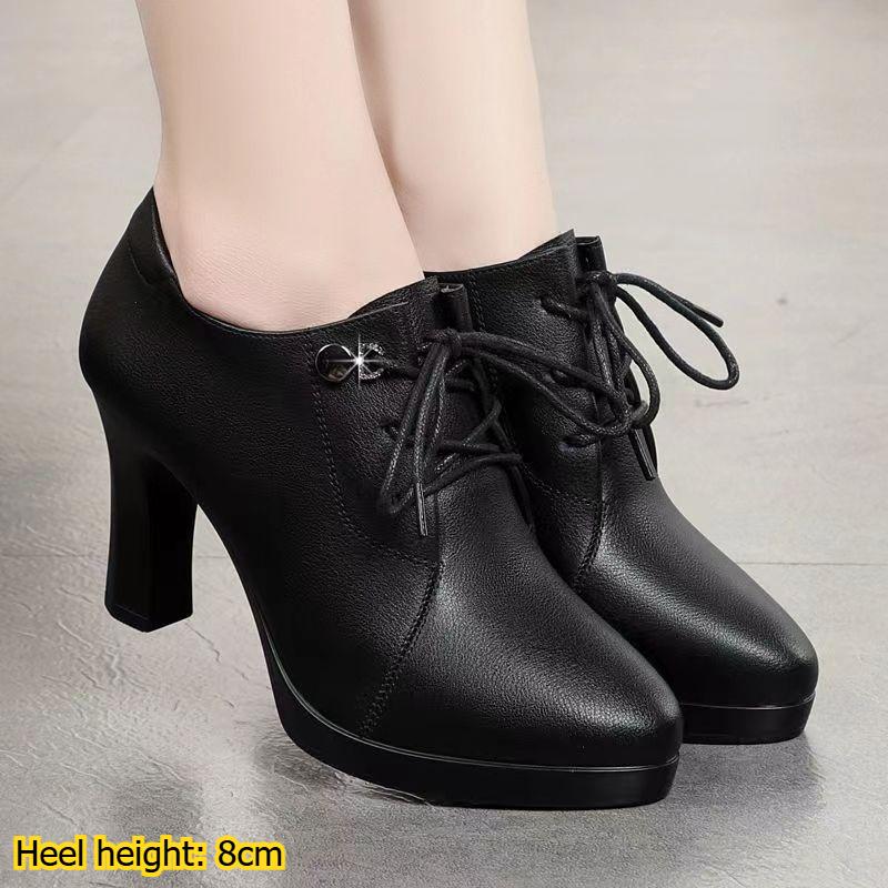

Spring and Autumn Convenient Lace-up Single Shoes Middle-aged Shoes Chunky Heel Soft Leather Soft Sole Comfortable Solid Color Leather Shoes 34