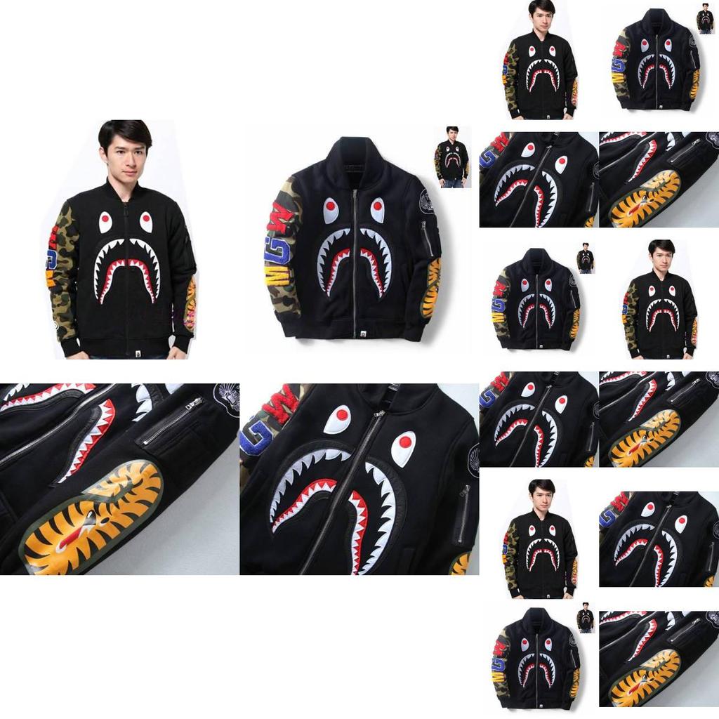 Shark Print Bomber Jacket For Men With Windproof Fabric For Casual Daily Wear