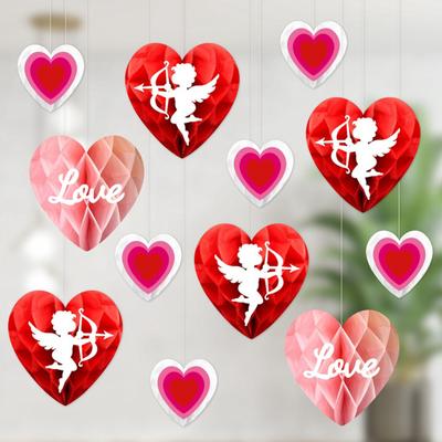 6Pcs Valentine's Day Heart Ornament Paper Honeycomb Hanging Decoration Romantic Red Pink Love