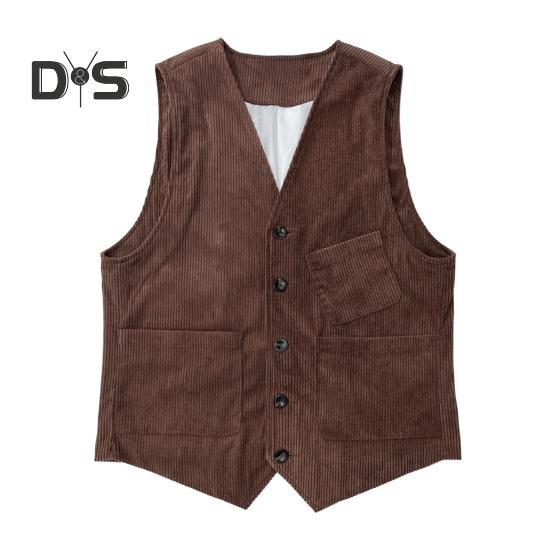 Men Corduroy Vest Coat V-neck Sleeveless Single Breasted Buttons Waistcoat with Pockets Solid Color Vest Jacket