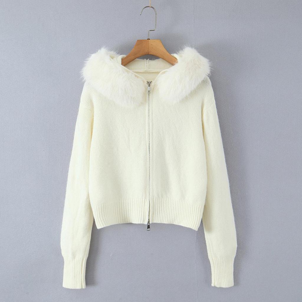 French-Style Faux Fur Collar Zipper Cardigan - Women's Autumn/Winter Sweater