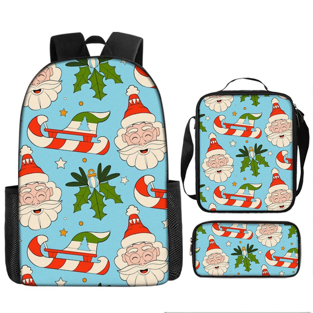 Santa Claus Christmas Tree Backpack Elementary School Bag Large Capacity Leisure Bag Lunch Bag Pencil Bag Three-piece Set