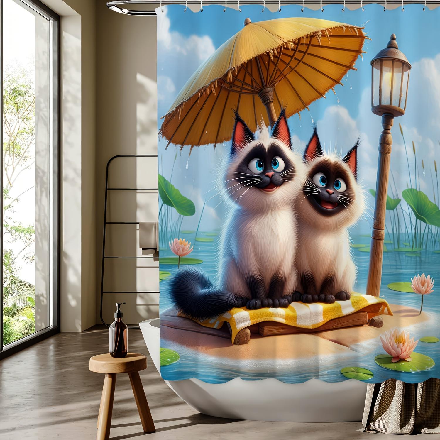 

Adorable Siamese Kitten & Cat Design Shower Curtain - Vibrant Yellow Umbrella & Lotus Flower Scene, All-Season Use W60H190(CM)-1 Pcs