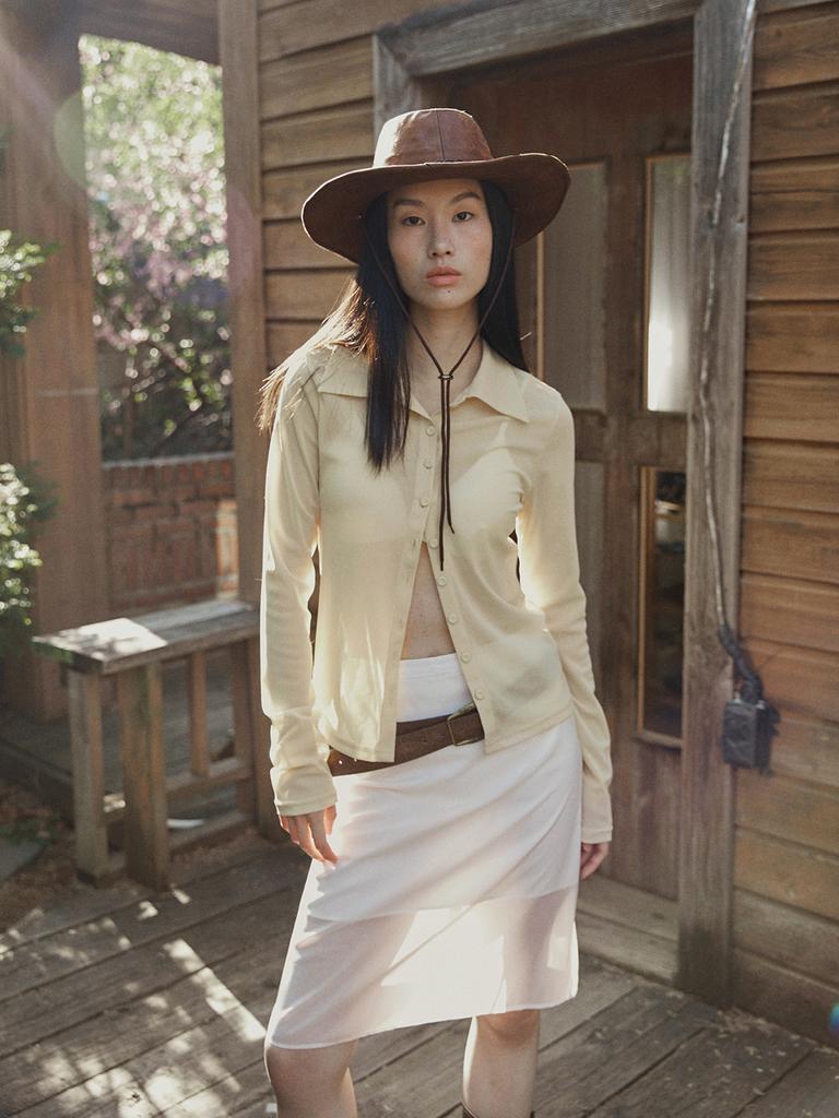 FROMWHERE Mesh Collar Button Top Butter