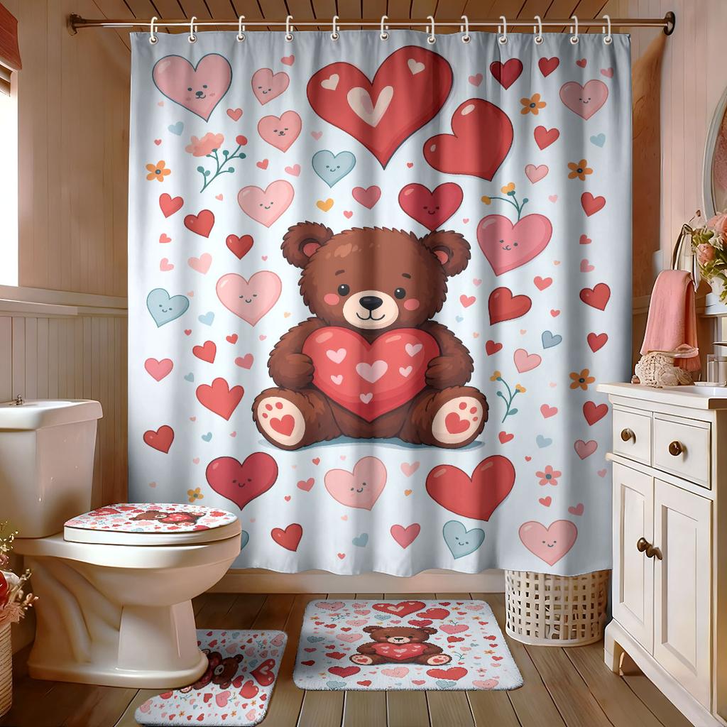 4pcs Valentine's Day Romantic Bear Printed Bathroom Set Waterproof Shower Curtain Floor Mat Toilet Mat U-Shaped Mat
