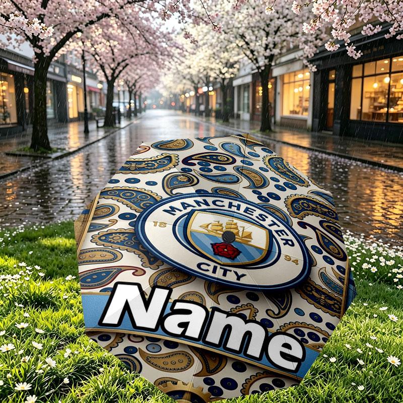 Custom Name Personalized Manchester City Print Umbrella, Auto Open Close, 8‑Rib Sturdy Frame, Commute Camping Hiking Use, Birthday Gift