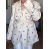 Women's Printed Lapel Tie Blazer Waist Cinching Suit Jacket Loose Long Sleeved Thin Coat Spring and Summer 2025