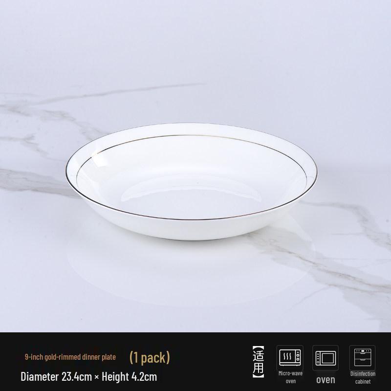 Ceramic Gold Rim Bone China Tableware Set - Microwave Safe Deep Plate, Rice Bowl for Home and Hotel Use.