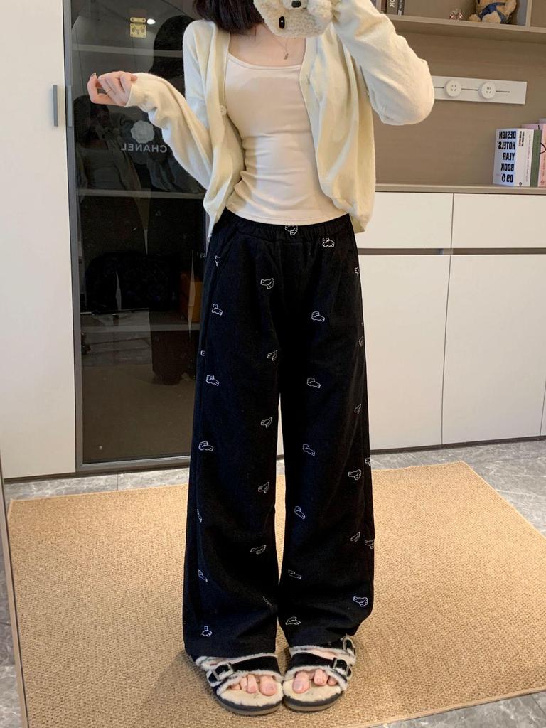 Women's Plus Size Retro Corduroy Rabbit Embroidery Straight-Leg Pants for Autumn Winter