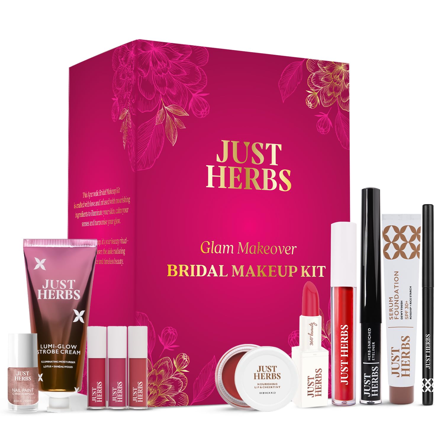 

Just Herbs Свадебный набор Glam Essentials С матовой помадой|Тинт для губ и щек|Крем-хайлайтер|Каял|Синдур|Палитра теней|Лак для ногтей|Сыворотка-основа