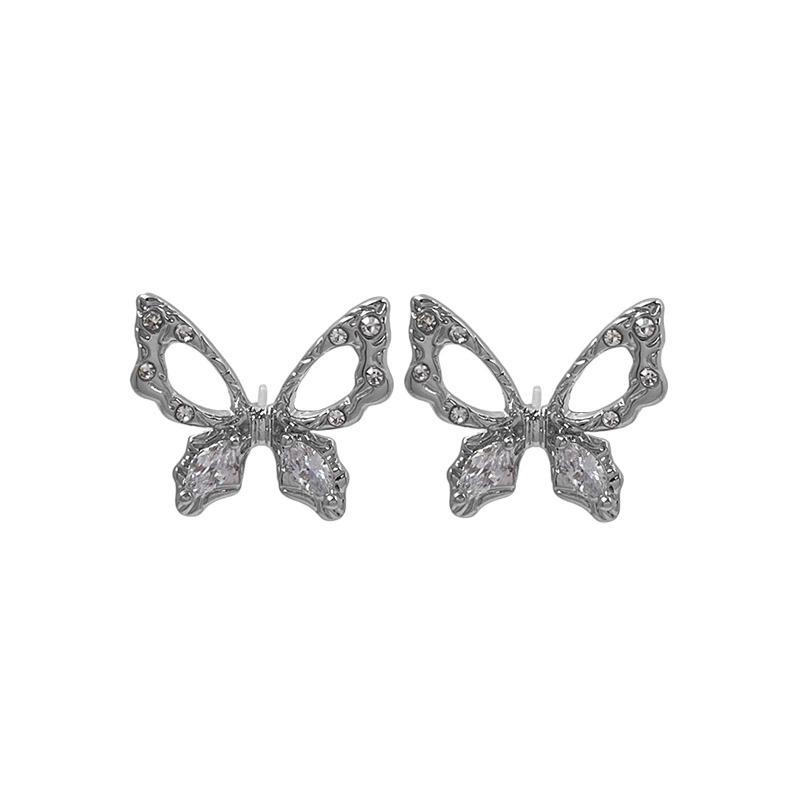 S999 Pure Silver Hollow Butterfly Zircon Stud Earrings for Women Trendy Simple Special-Interest Design All-Match Earrings Light Luxury Earrings