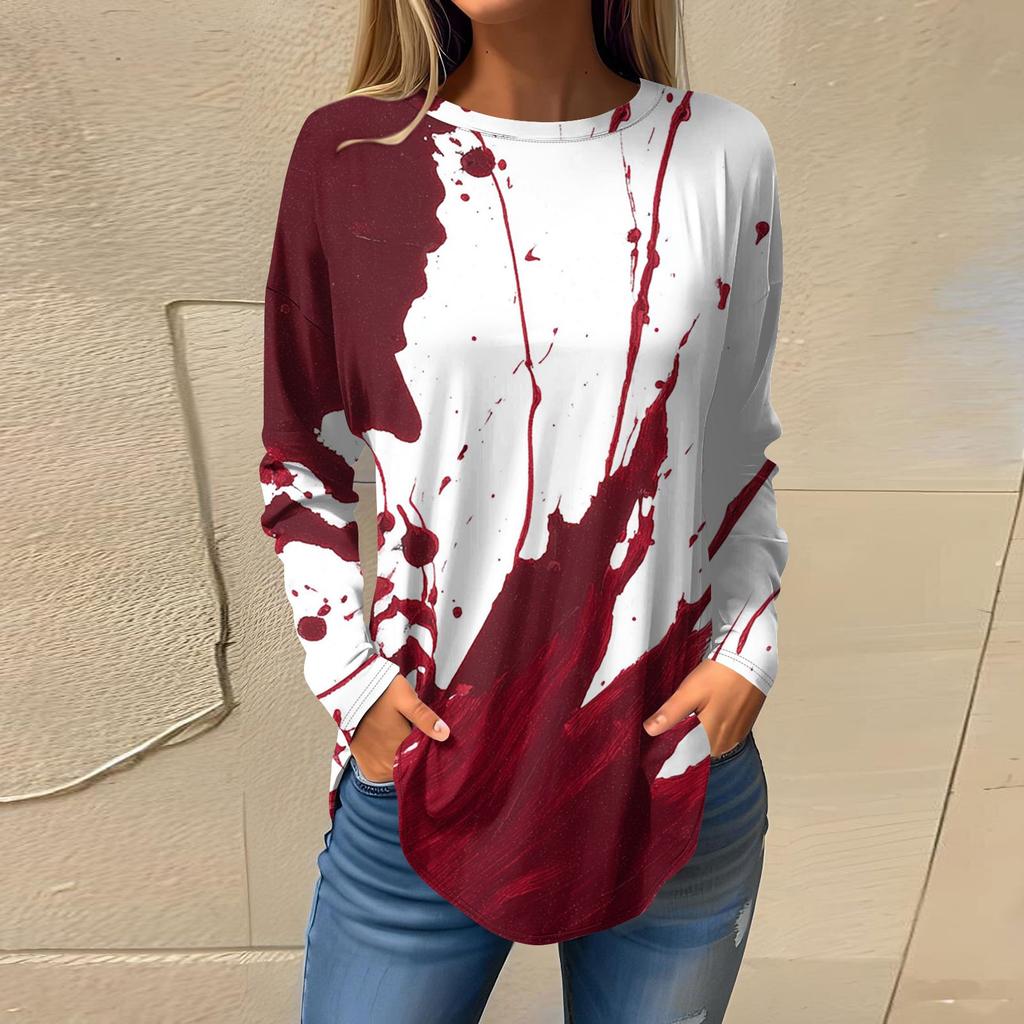 Damenmode Lockerer Rundhals Halloween-Druck Langarm T-Shirt Top Pullover