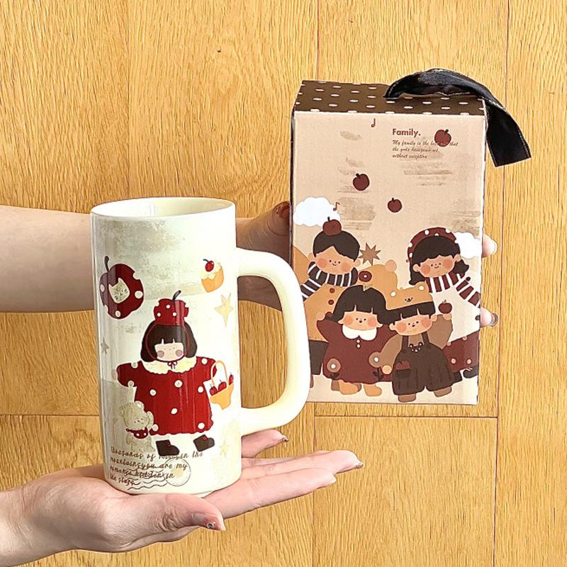 Retro Style Family of Four Boys and Girls Ceramic Mug Couple Large Capacity Coffee Cup Girl Birthday Gift