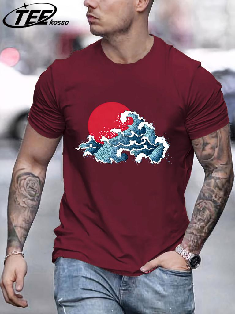 Japansk Solnedgång Vågor T-shirt För Män Sommar Casual Retro Kläder Bomull Trendig Mjuk T-shirt Unisex Rund Hals AllMatch Lös Topp