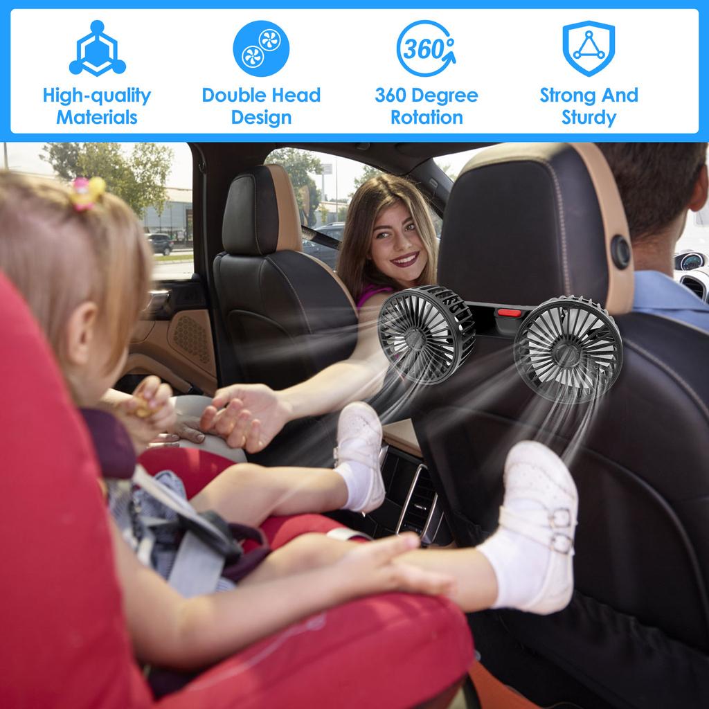 Car Fan for Backseat Dual-Head USB Powered Car Cooling Fans with 3 Speeds 360° Rotatable 5V Electric Car Seat Fan Powerful