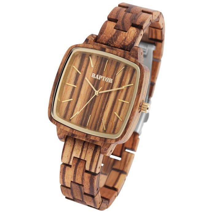 Montre - RAPTOR - Angy - Boîtier bois zébré 36 mm - Bracelet maillons 16 mm - Quartz Miyota 2035